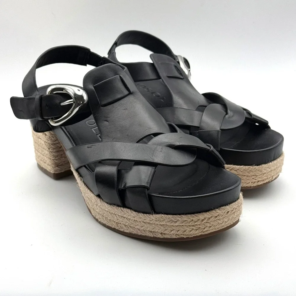 Aerosoles Chatham Wedge Sandals Womens 9.5 Black Leather Espadrille Platform